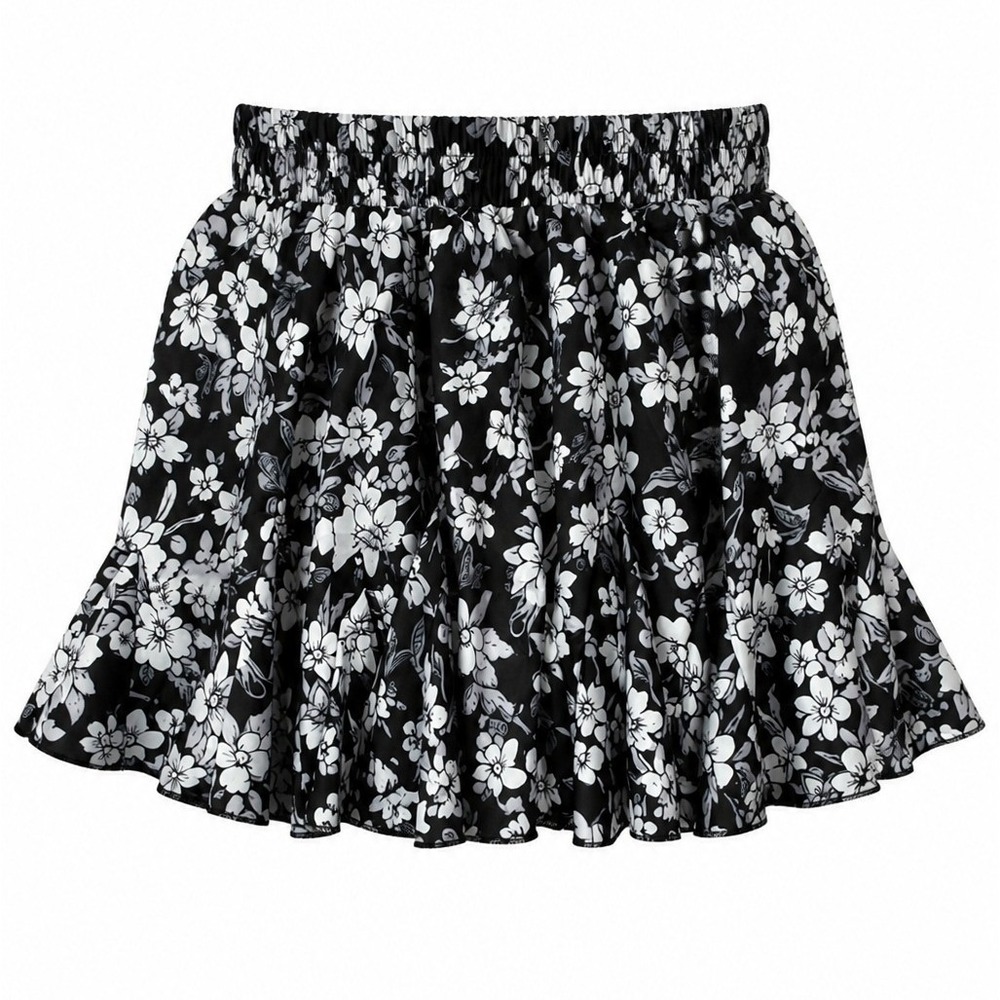 Avidlove Mini Skirt Womens M Ruffle Hem Black White Floral Flared Modern